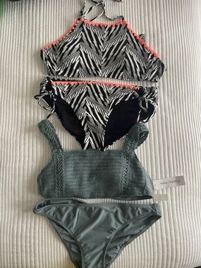 Hula Honey Blue Crochet Top Bikin& OP Neon Trim Zebra-Print High-Neck Bikini Set